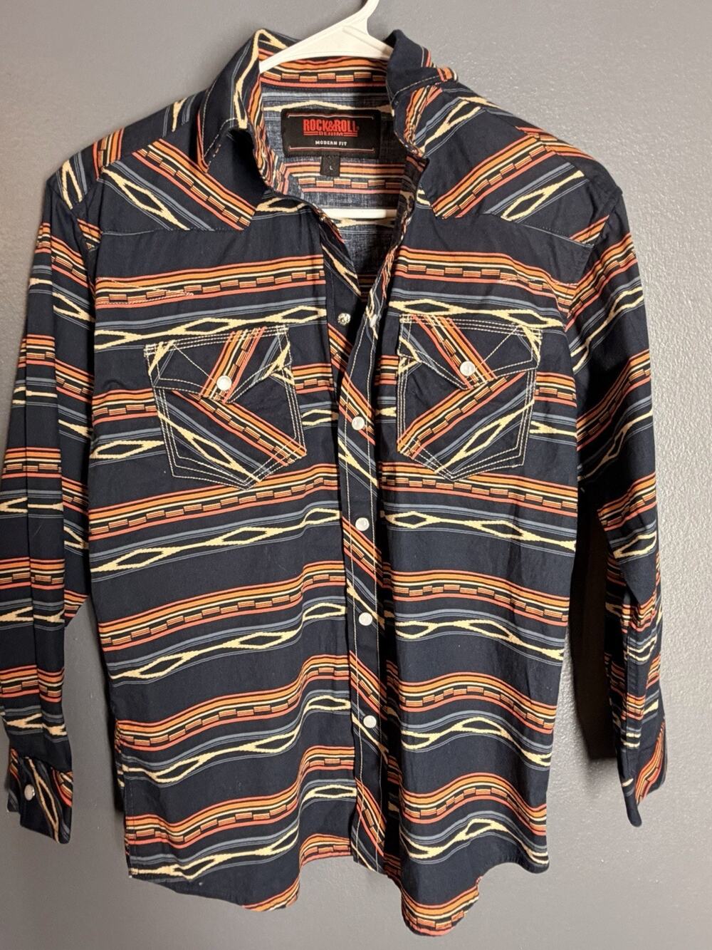 Men's Large Western Pearl Snap Shirt Rock & Roll Design